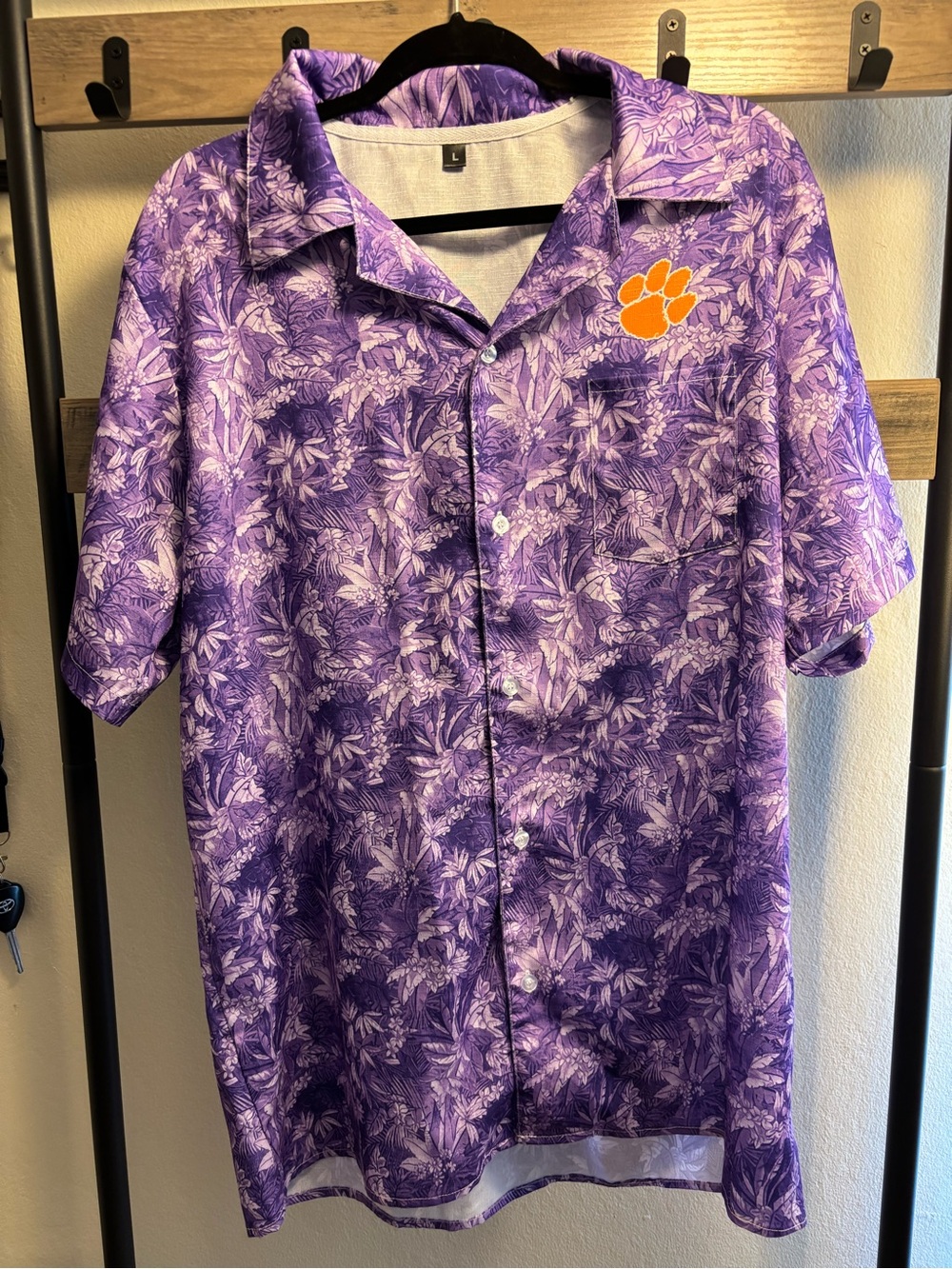 Tommy Bahama Purple Floral Short-Sleeve Button-Down with Orange Paw Patch